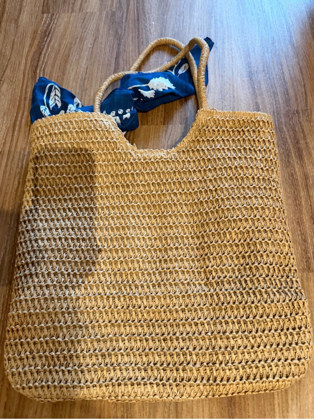 Woven Straw Tote Bag with Blue Scarf Accent - Picture 2 of 4